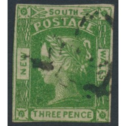 AUSTRALIA / NSW - 1854 3d yellow-green Laureates, imperf., '3' watermark, used – SG # 87