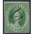 AUSTRALIA / QLD - 1860 6d green QV Chalon, imperf., large star watermark, used – SG # 3