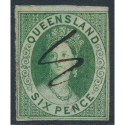 AUSTRALIA / QLD - 1860 6d green QV Chalon, imperf., large star watermark, used – SG # 3