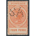 AUSTRALIA / SA - 1908 4d orange Long Tom, crown A wmk, SA perfin, MH – SG # 299a