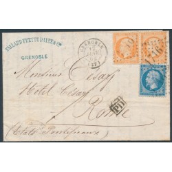 FRANCE - 1864 40c orange pair & 20c blue Napoléon on cover to Italy – Michel # 21+22