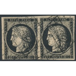 FRANCE - 1849 20c black Cérès, white paper, imperforate pair, used – Michel # 3x