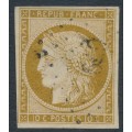FRANCE - 1850 10c yellow-brown Cérès, imperforate, used – Michel # 1a
