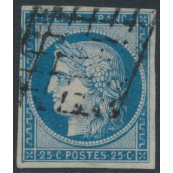 FRANCE - 1850 25c blue Cérès on white paper, imperforate, used – Michel # 4a