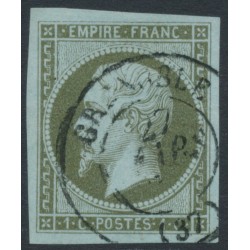 FRANCE - 1860 1c bronze-olive on bluish Napoléon, imperforate, used – Michel # 10b