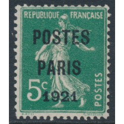 FRANCE - 1921 5c green Semeuse, POSTES PARIS 1921 pre-cancel, MNG – Michel # 116VaII 