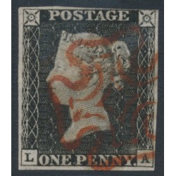 GREAT BRITAIN - 1840 1d black QV (penny black), plate 1a, check letters LA, used – SG # 2 (AS2)