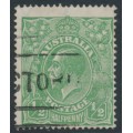 AUSTRALIA - 1918 ½d green KGV, LM watermark, 'break over U' [6L29], used – ACSC # 65A(6)f