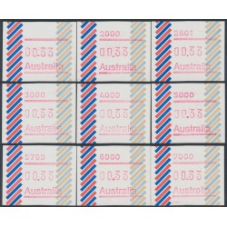 AUSTRALIA - 1985 33c Barred Edge Framas set of 9, MNH – ACSC # 1023Ab-1023Ib